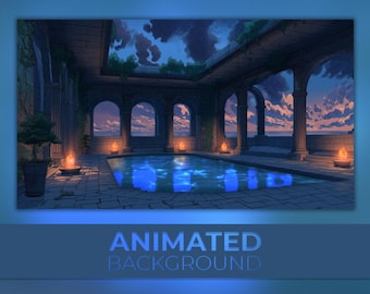 Fondo animado: Baños antiguos, Baños romanos, Piscina resplandeciente, Cielo al atardecer, Ruinas romanas, Mar al atardecer, Fondo de Twitch Stream Zoom Vtuber