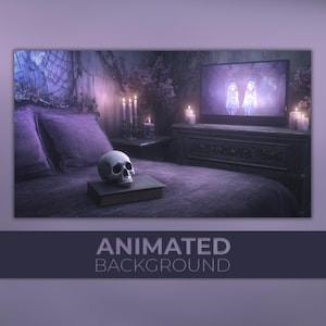 May include: A digital illustration of a gothic bedroom scene. A human skull rests on a book on a bed with purple bedding. A lit TV screen shows two figures. The text "ANIMATED BACKGROUND" is at the bottom.