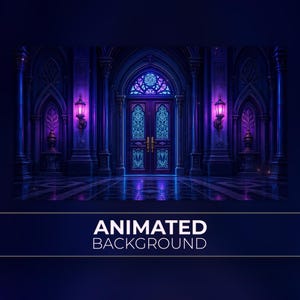Puede incluir: Un fondo animado que muestra una gran entrada gótica con puertas dobles, tallas intrincadas y linternas moradas brillantes montadas en pilares. La escena incluye un suelo de baldosas y detalles arquitectónicos con el texto ANIMATED BACKGROUND.