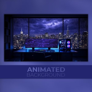 May include: A desktop computer setup with two monitors displaying a purple abstract design. The computer tower is lit with blue and pink lights. The background shows a cityscape with a stormy sky and the text "ANIMATED BACKGROUND".