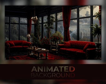 Fondo animado, Habitación de Drácula, Gótico, Habitación de Vampiros, Habitación Roja, Negro y Rojo, Twitch Rojo, Superposición de Fantasía, Acogedor Lofi, Místico, Lluvia