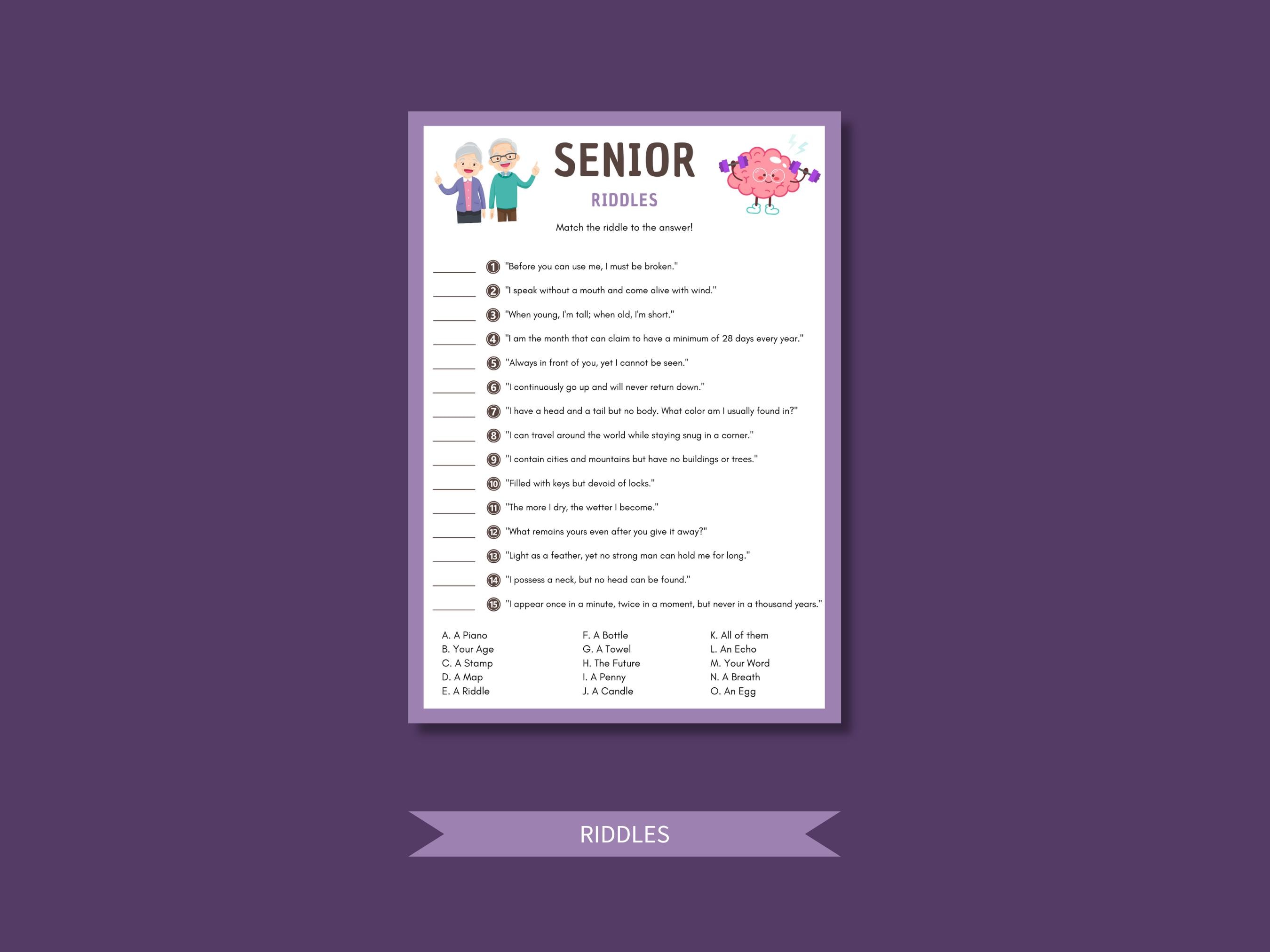 Matches Riddles On Paper Printable Senior Games Bundle, Trivia, Song Match, Riddles (digital ...