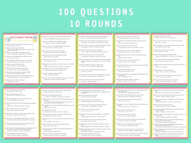 90s Mega Trivia Game Instant Download Printable 90s Theme Quiz Family ...