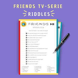 May include: A printable Friends TV show trivia game with a red, yellow, and blue color scheme. The game includes a list of riddles about the characters and a list of possible answers.