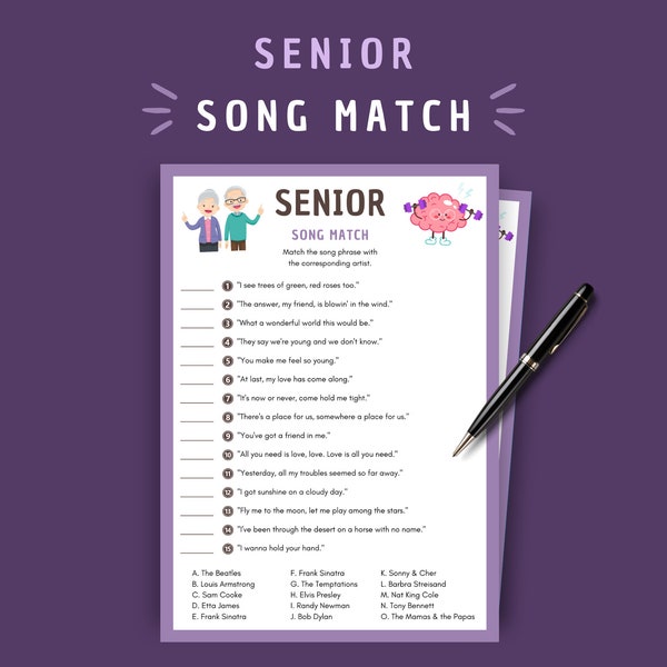 Senior Song Match Game | Instant Download | Musical Trivia for Elderly | Family Game Night Fun | Printable Gifts for Seniors