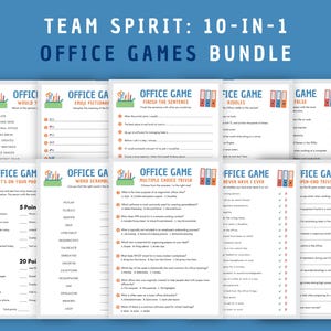 May include: A set of 10 printable office games for team building activities. The games include "What's on Your Phone", "Word Scramble", "Multiple Choice Trivia", "Never Have I Ever", and "Per-End Trivia".