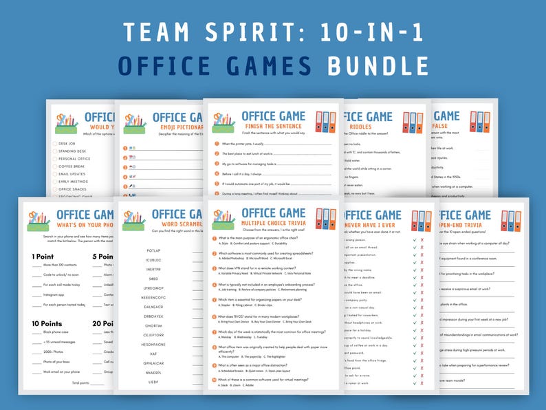 A promotional image for the Team Spirit: 10-in-1 Office Games Bundle, featuring an overview of the different games included in the bundle with light gray borders, blue titles, office icons and orange details.