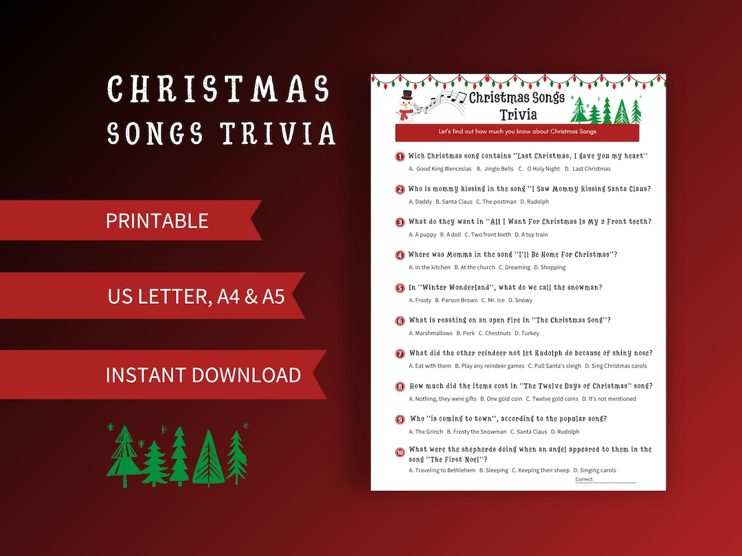 Printable Christmas Songs Trivia Game Christmas 2023 Quiz Multiple
