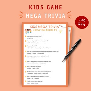 Mega Trivia-spel voor kinderen met 100 vragen | Afdrukbare quiz voor kinderen | Educatieve familiespelavond | Leuk trivia afdrukbaar cadeau voor kinderen