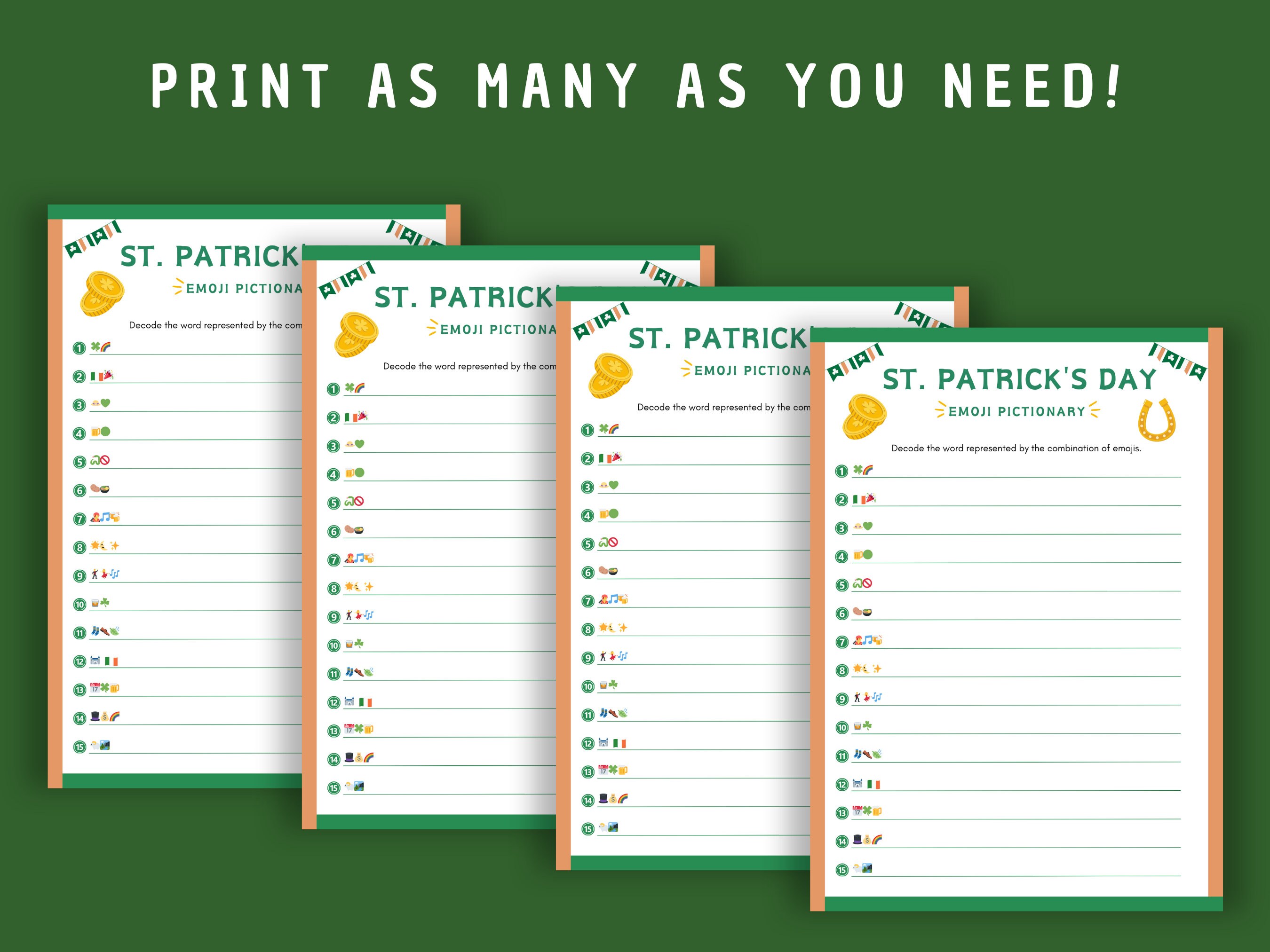St. Patrick's Day Emoji Pictionary Game | Instant Download | Fun ...