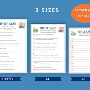 Image of a Office Games Bundle advertisement, displaying 3 different sizes (US Letter, A4 and A5) of the games including True or False, Multiple Choice Trivia, and Emoji Pictionary, with a light gray border, blue title, and orange details.