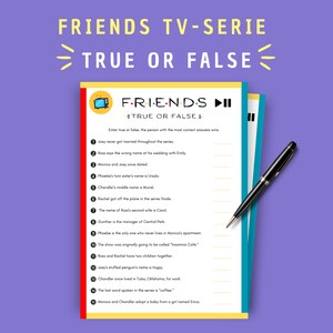Juego de preguntas y respuestas de la serie Friends, cuestionario imprimible de verdadero o falso, descarga instantánea, juego de fiesta, comedia de los 90, juego para fans, tamaño A4/A5/carta estadounidense