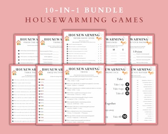 May include: A set of ten printable housewarming party games. The games include "Never Have I Ever", "Think Fast", "Table Talk", "Emoji Pictionary", "Trivia", "Categories", "On Your Phone", "Drinking Dice", and "Would You Rather".