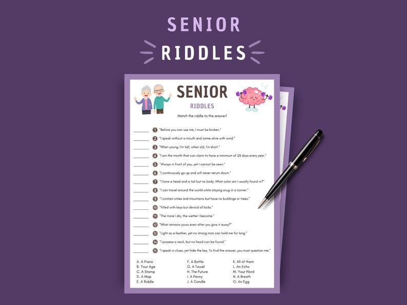 Senior Riddles Game: Printable Brain Teasers for Elderly (instant ...