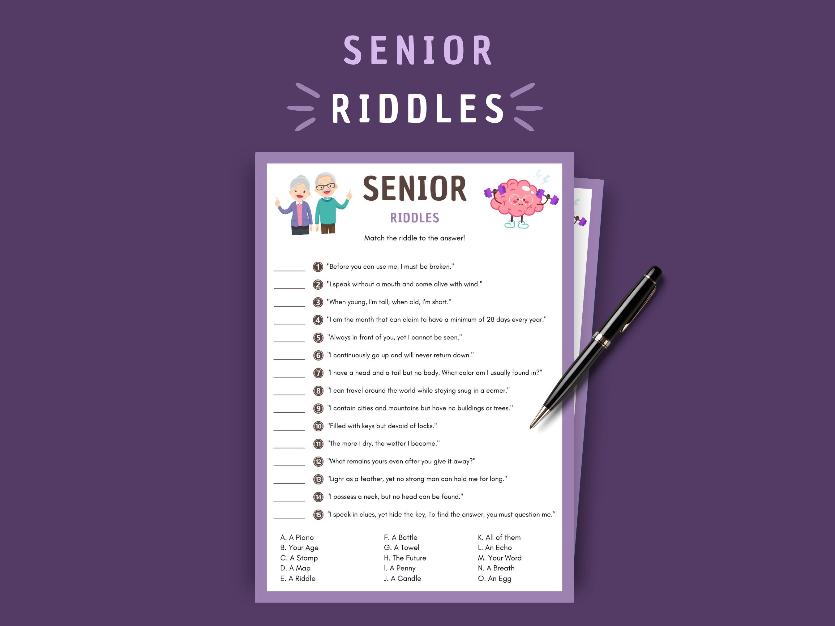 Senior Riddles Game Printable Brain Teasers For Elderly instant 