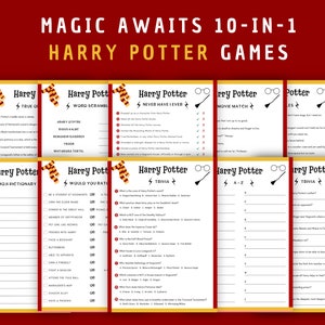 May include: A set of 10 printable Harry Potter themed party games. The games include True or False, Word Scramble, Never Have I Ever, Movie Match, Would You Rather, Emoji Pictionary, A-Z, Trivia, and more. The games are printed on white paper with a red and gold border.