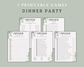 May include: Five printable game cards with a green and white floral design. The cards have the title "Dinner Party" and include games like "Dinner Fluff You Rather", "Dinner Table Talk", "Dinner Easy Prefimary", "Dinner Pictues", and "Dinner I've Been There & Done That".