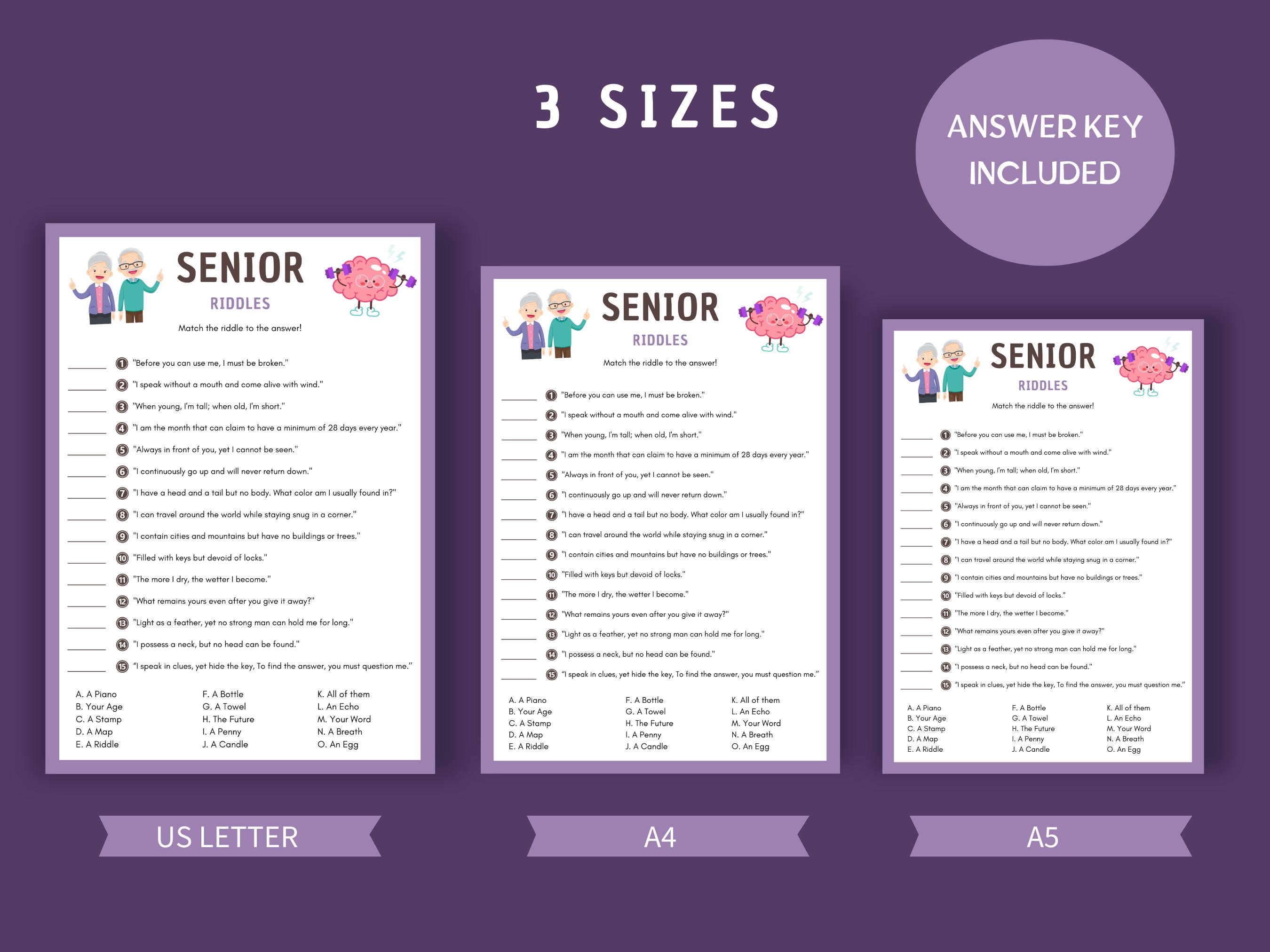 Elder Riddle Senior Riddles Game: Printable Brain Teasers for Elderly (instant ...