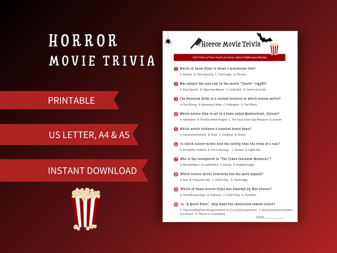 Horror Movie Trivia Game Printable Horror Quiz Movie Night Etsy