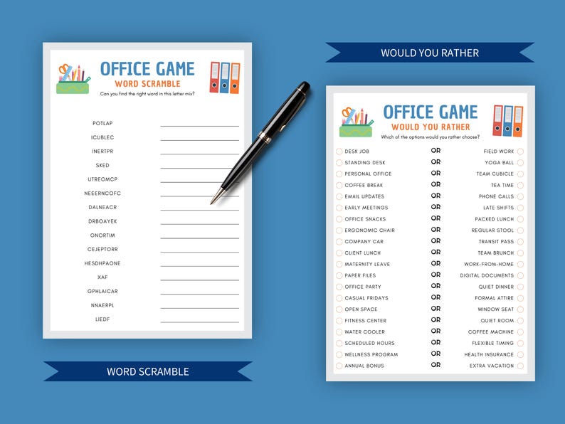 Two office game sheets, Word Scramble and Would You Rather, with office-related choices, presented in a neat layout with a light gray border, a blue title bar, office icons, and pops of orange for a vibrant touch.