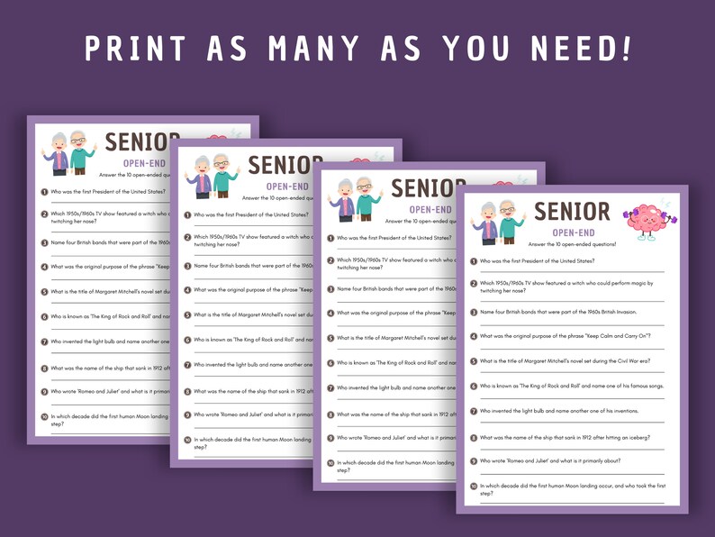 Senior Open-end Trivia Game: Family Game Night (printable, Instant