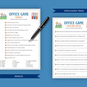 An Office Game Riddles sheet paired with an Open-Ended Trivia sheet, featuring a sleek design with light gray borders, a calm blue title area, office icons, and orange details for an engaging look.