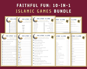 May include: A bundle of ten Islamic games, featuring a gold border and a crescent moon and star design. Each game card has a different set of questions and trivia. The text on the cards includes "Islamic Games Bundle" and "Faithful Fun: 10-in-1".