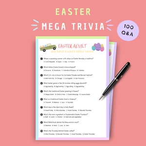 May include: A printable Easter trivia game for adults with a multiple choice format. The game features a green car with Easter eggs and the text "Easter Adult Multiple Choice Mega Trivia".