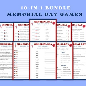 Memorial Day 10 Games Bundle, Printable Memorial Day Games, Family Party Activities, Patriotic Trivia, Instant Download, Kids Party Games