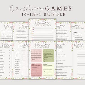 Op de afbeelding: Een set van 10 printbare paasspelletjes met bloemmotieven. De spellen omvatten Waar of Niet, Altijd of Nooit, Emoji Pictionary, Raadsels, Zou Je Liever, Denk Snel, Pak een Snoepje Als, Quiz, Je Telefoon en een Woord Scramble.