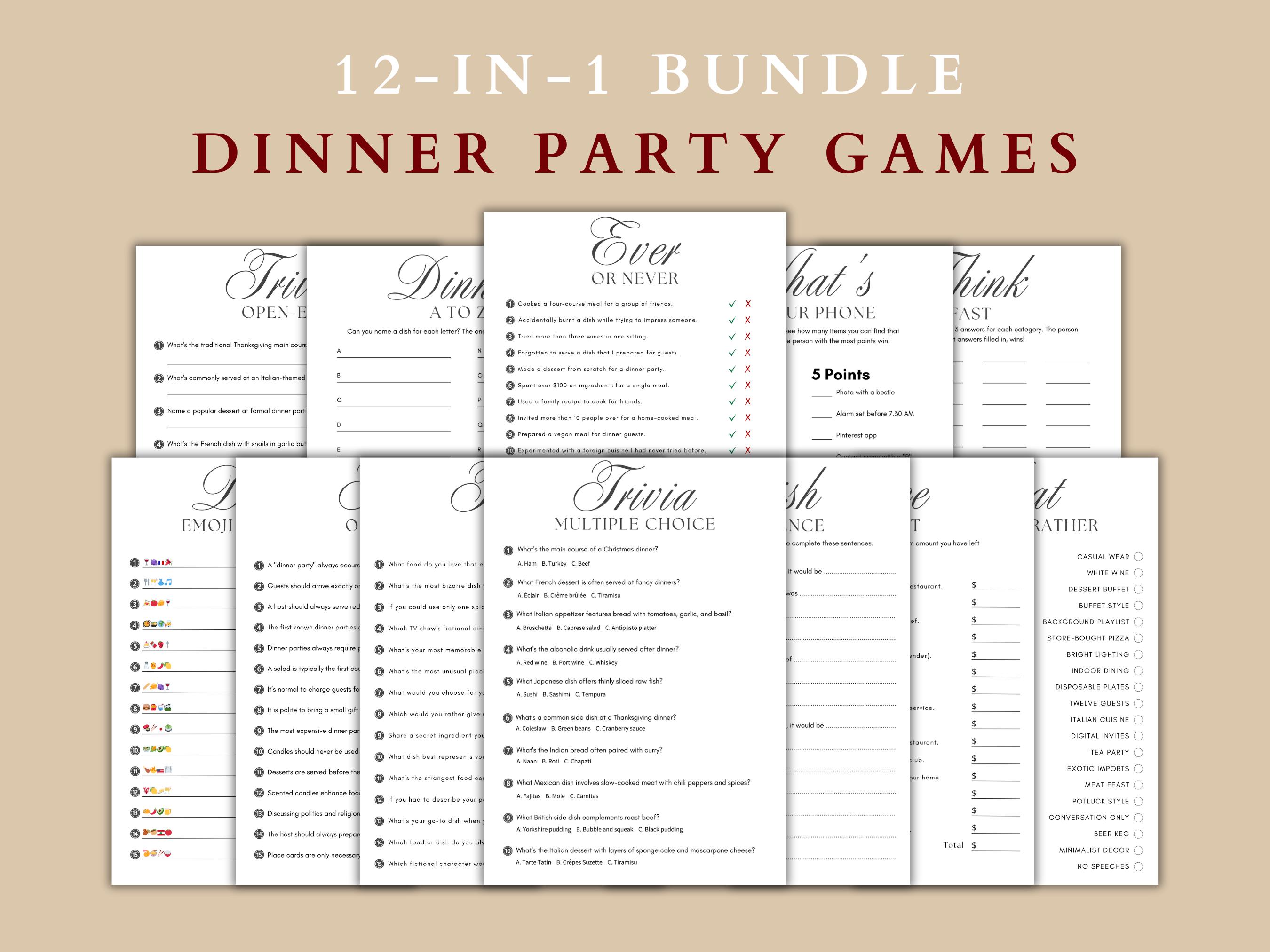 12-in-1 Dinner Party Games Bundle Printable, Fun Dinner Trivia Questions, Digital Download, Party Games for Adults, Printable Gift Idea PDF