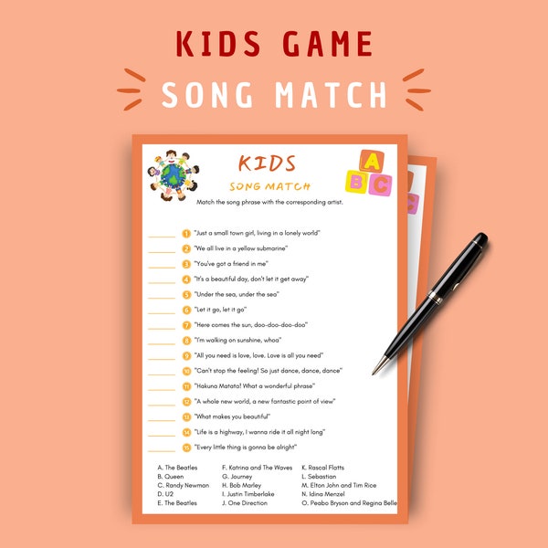 Kids Song Match | Instant Download | Kids Music Game | Family Fun Activity | Educational Children's Trivia | Perfect Printable Gift for Kids