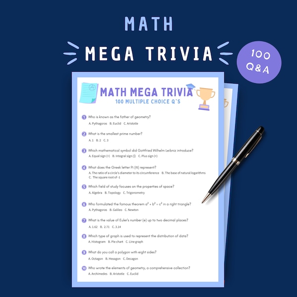 Math Mega Trivia | 100 Questions | Printable Math Game | Fun Family Game Night | Educational Mathematics Activity | Unique Printable Gifts