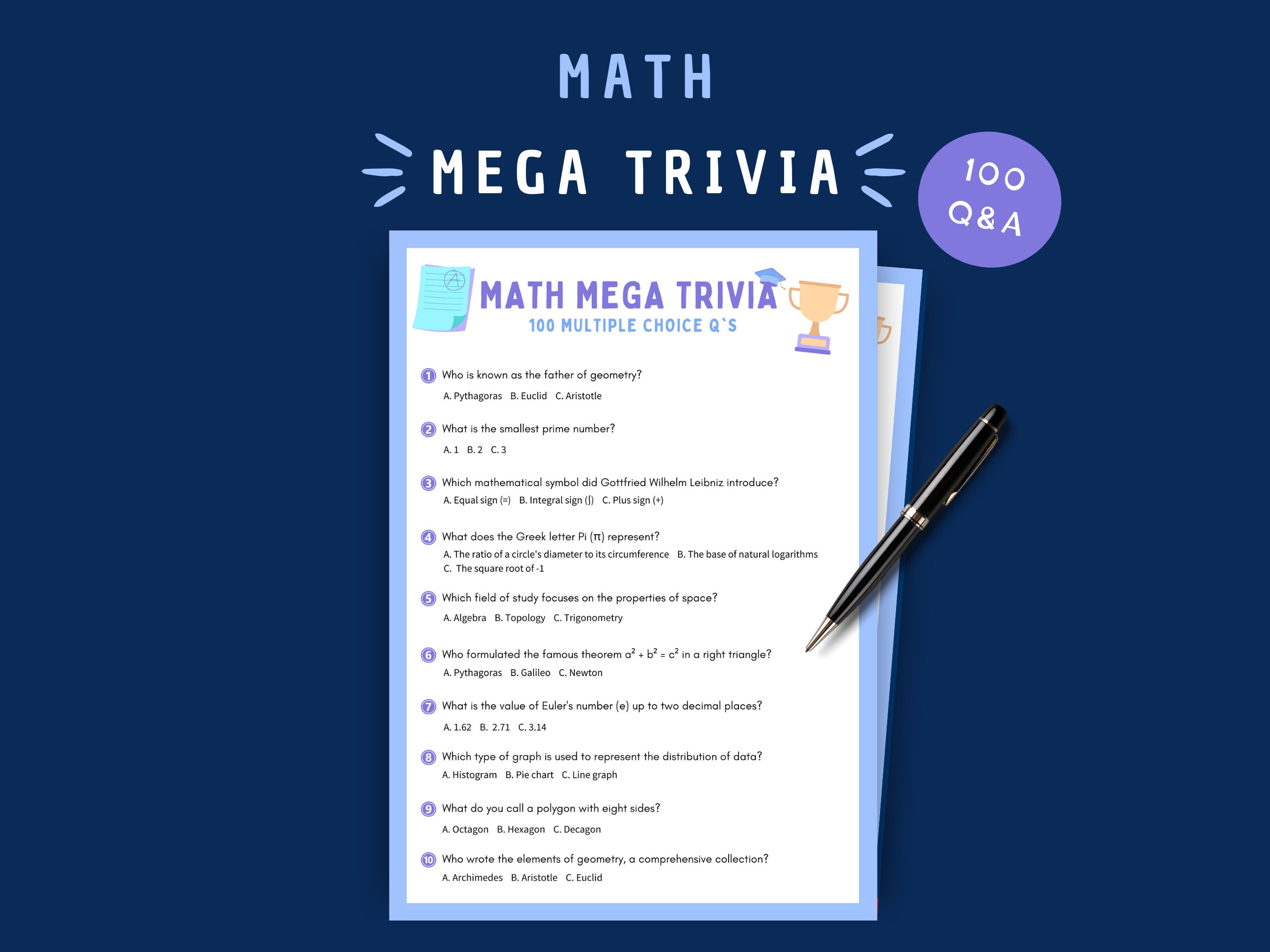 Math Mega Trivia: 100 Question Printable Game (digital Download) - Etsy ...