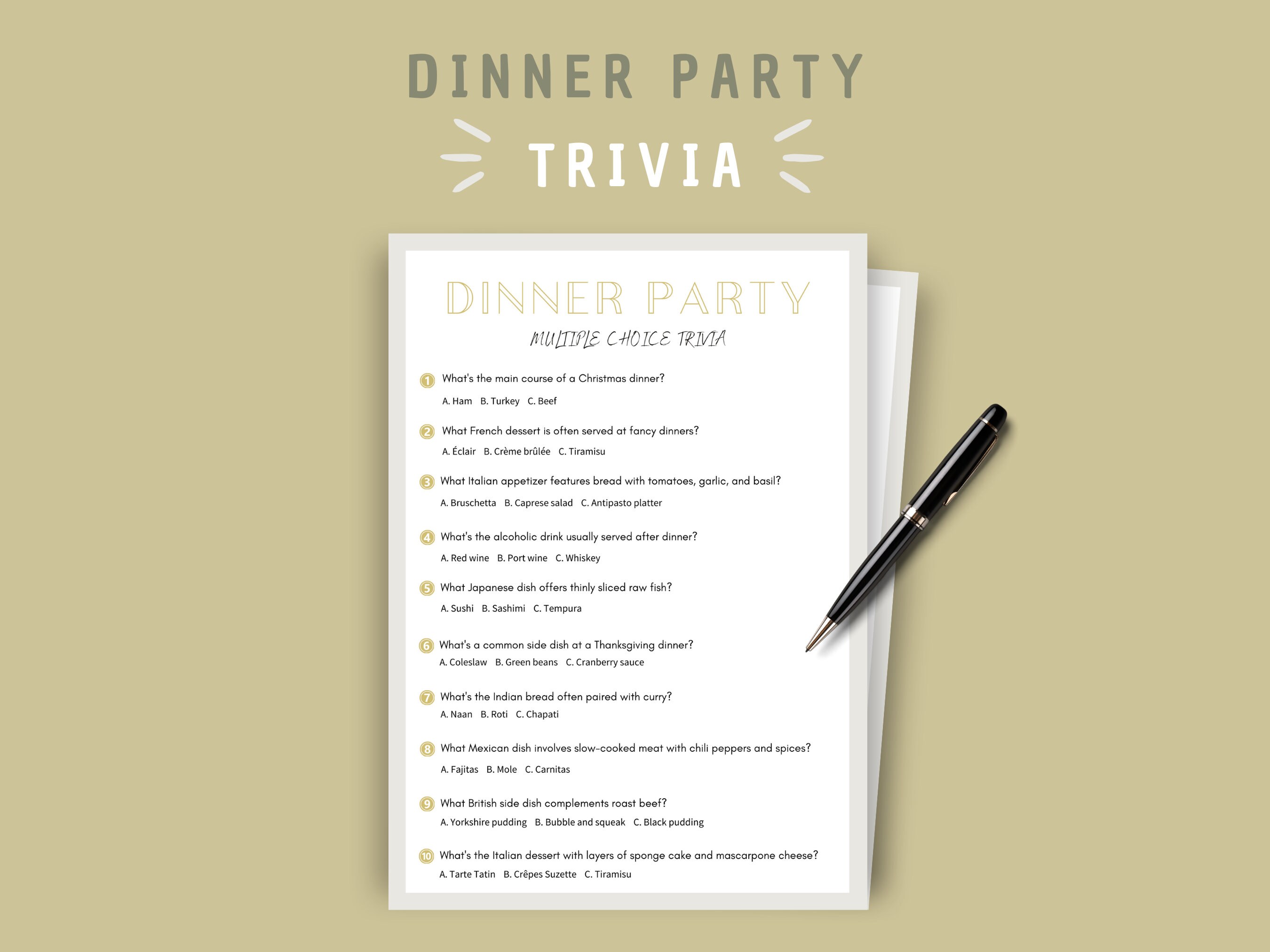 Printable Dinner Party Trivia Game | Instant Download | Multiple Choice ...