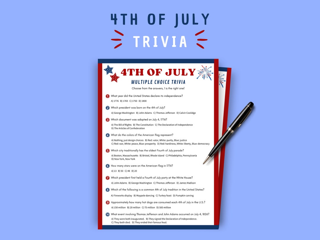 4th of July Trivia Game: Printable Independence Day Quiz (instant ...