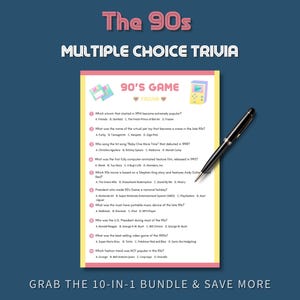 Jaren 90 multiple choice trivia-spel, afdrukbare quiz jaren 90, Retro Party Icebreaker, jaren 90 themafeestspel, leuke gezinsactiviteit Instant Download