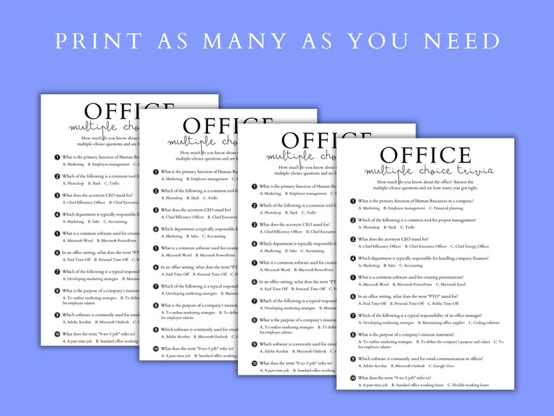 Printable Multiple Choice Trivia Office Party Game | Fun Co-worker Game | Office Party ...