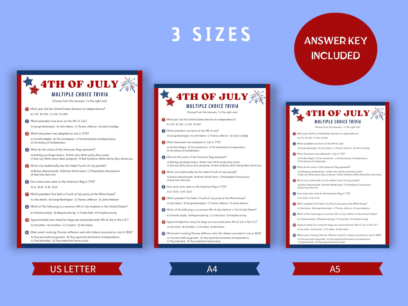 4th of July Trivia Game: Printable Independence Day Quiz (instant ...