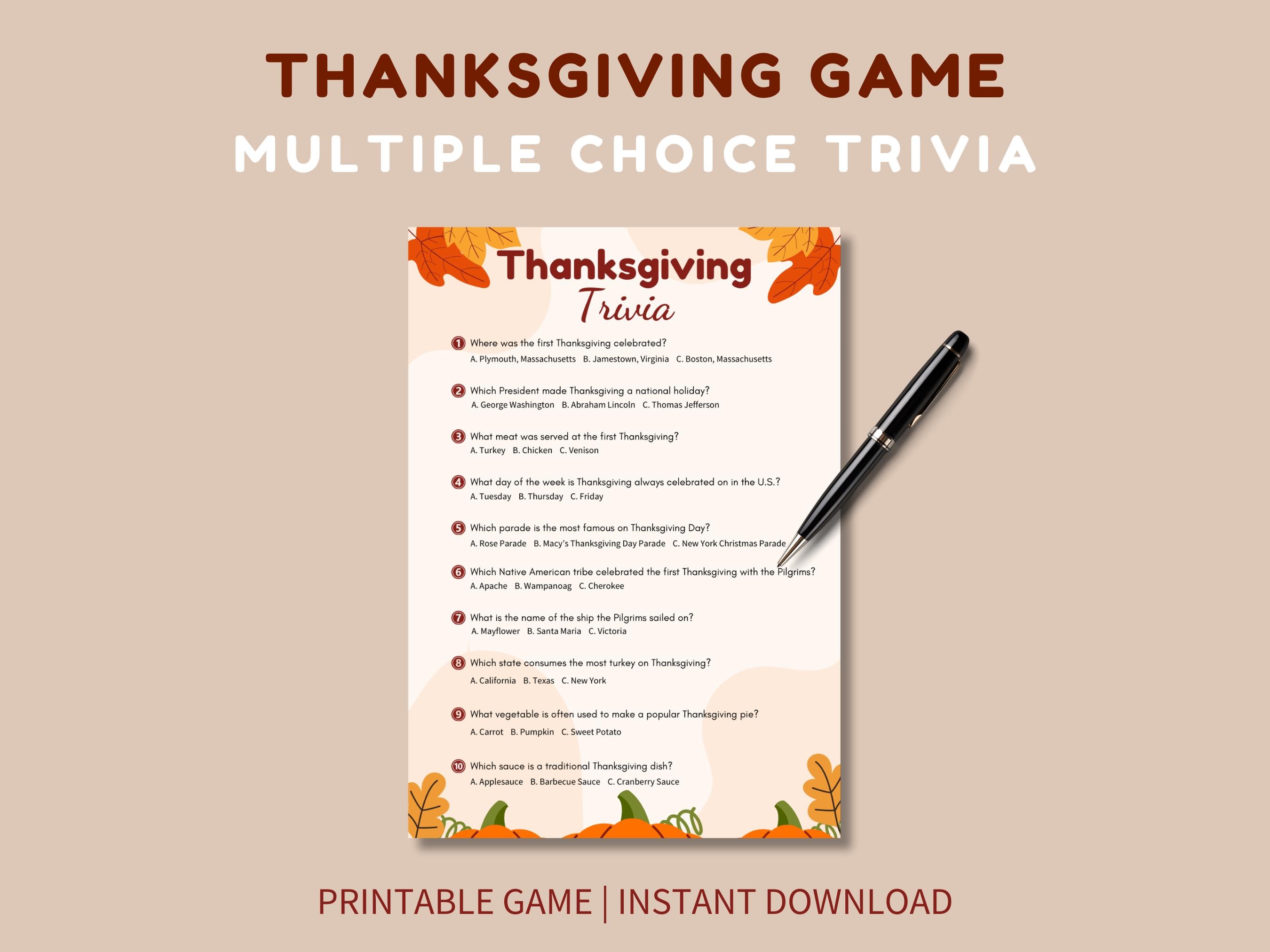 thanksgiving trivia game: printable multiple choice (digital