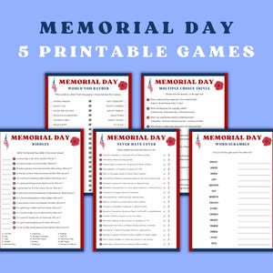 Memorial Day 5 Games Bundle, Printable Patriotic Party Games, Memorial Day Activities, Digital Download, Icebreaker Games, Group Party Games