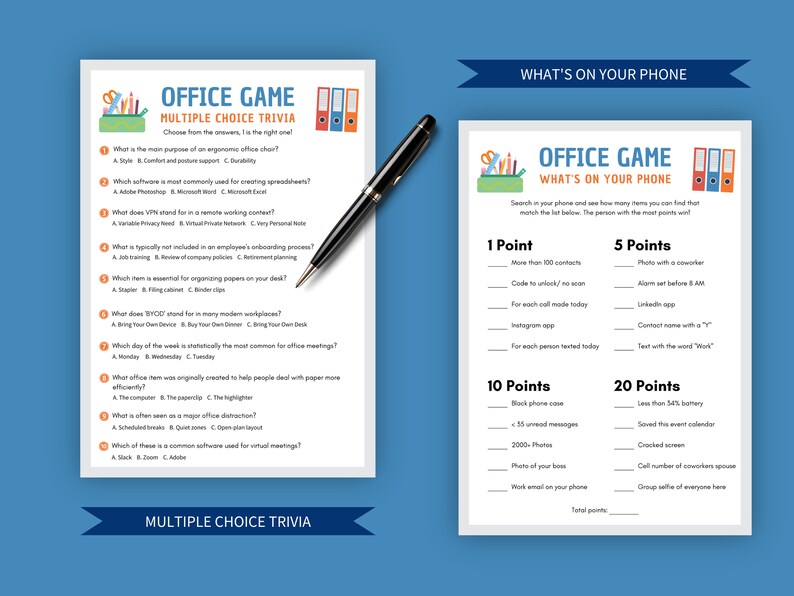 The Office Game Multiple Choice Trivia sheet beside a What's On Your Phone game, designed with a professional look that includes light gray borders, blue headings, office icons, and subtle orange elements.