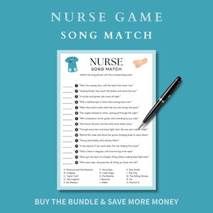 Puede incluir: Un juego imprimible para una fiesta con temática de enfermeras. El juego se llama "Nurse Song Match" y pide a los jugadores que emparejen las letras de las canciones con el artista correspondiente. Las letras están enumeradas en el lado izquierdo de la página, y los artistas están enumerados en el lado derecho de la página.