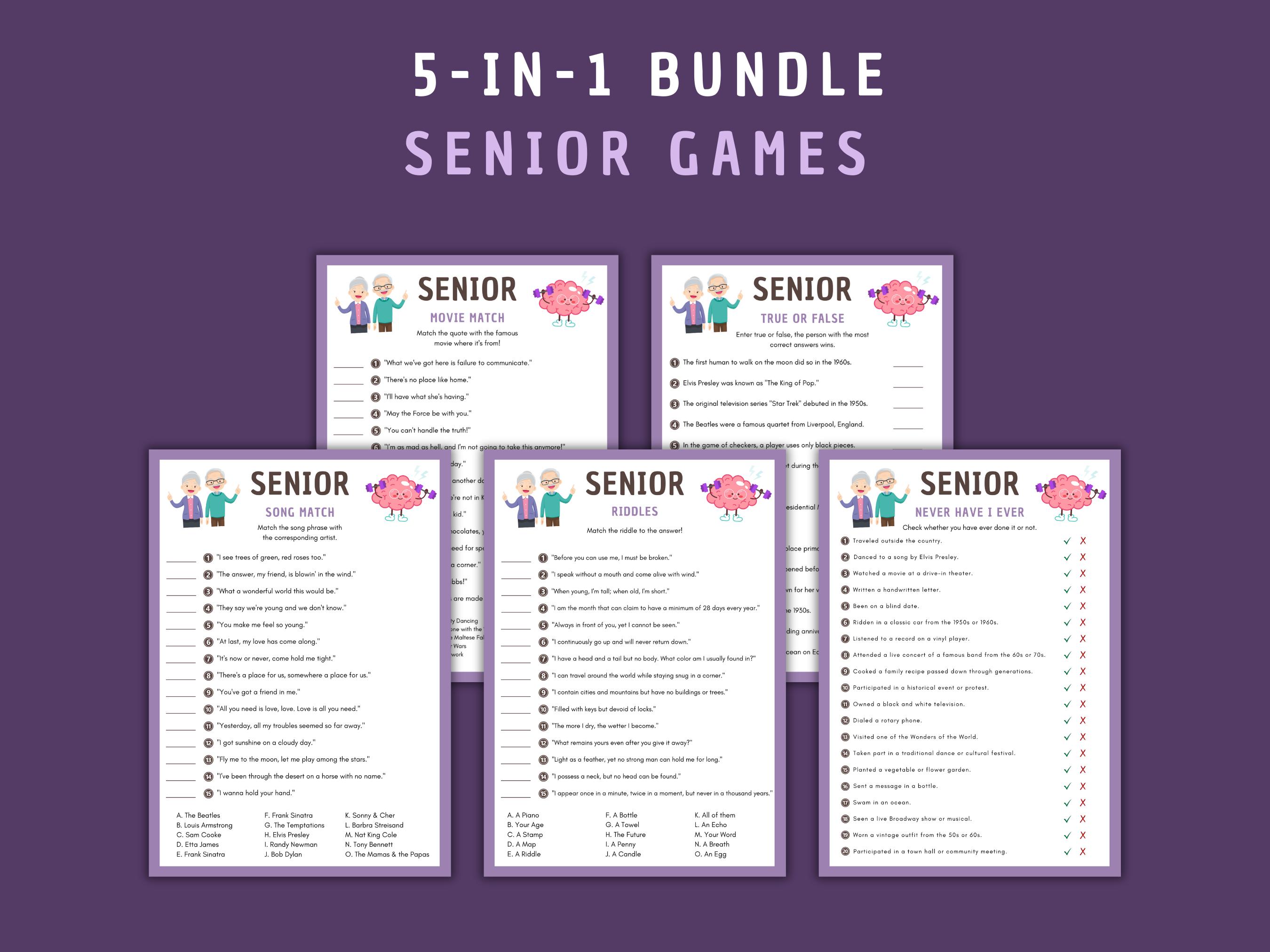 Pacote de jogos para impressão para idosos: curiosidades, bingo e caça-palavras (download digital)