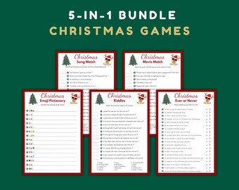 Puede incluir: Cinco tarjetas de juego de Navidad imprimibles con una ilustración festiva de reno. Los juegos incluyen Pictionary Emoji, Match de canciones, Match de películas, Adivinanzas y Nunca o siempre.