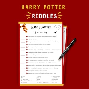 May include: A printable Harry Potter themed game with 14 riddles. The riddles are printed on a white background with a yellow and red scarf, a pair of glasses, and a wand illustration. The answers are listed below the riddles with letters A through O.