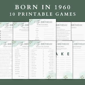 Born in 1960 65th Birthday Games Bundle, Printable 10 Party Games Pack, Fun 65th Birthday Party Games, Instant Download, Digital Party Games