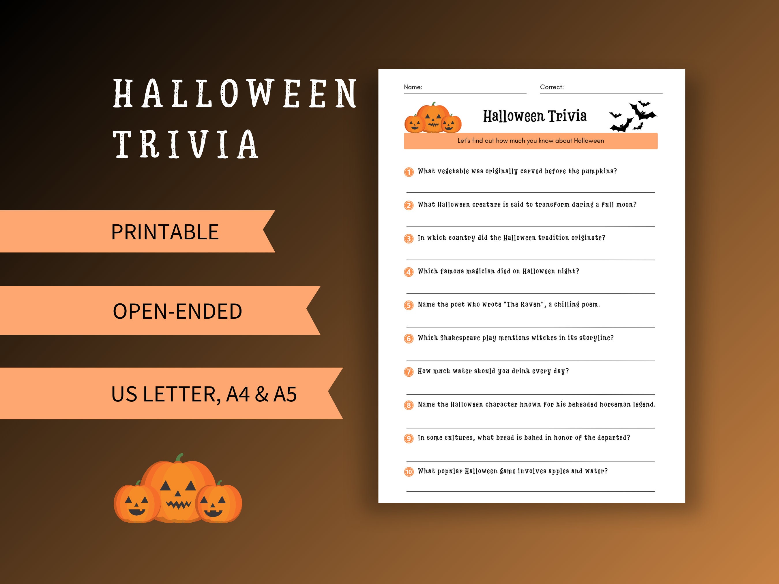 Halloween Trivia Printable Halloween Quiz 10 Openended Questions