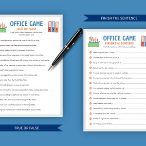 Detailed view of the Office Game True or False sheet with a pen on it, set against a blue banner with a Finish the Sentence game, showcasing a clear and professional design with light gray borders, office icons, and orange accents.