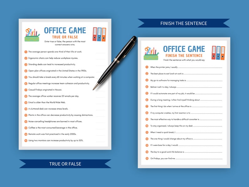 Detailed view of the Office Game True or False sheet with a pen on it, set against a blue banner with a Finish the Sentence game, showcasing a clear and professional design with light gray borders, office icons, and orange accents.